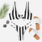 Romwe Striped Pattern Knot Top With Cut-out Bikini Set