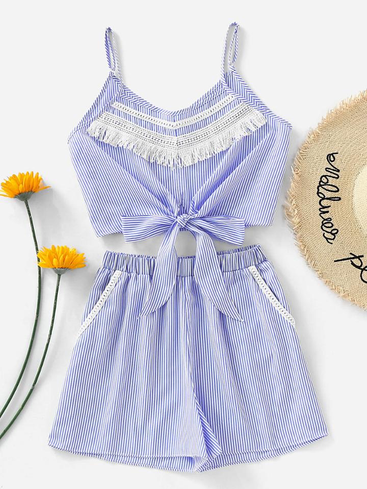 Romwe Striped Fringe Detail Knot Front Cami Top With Shorts