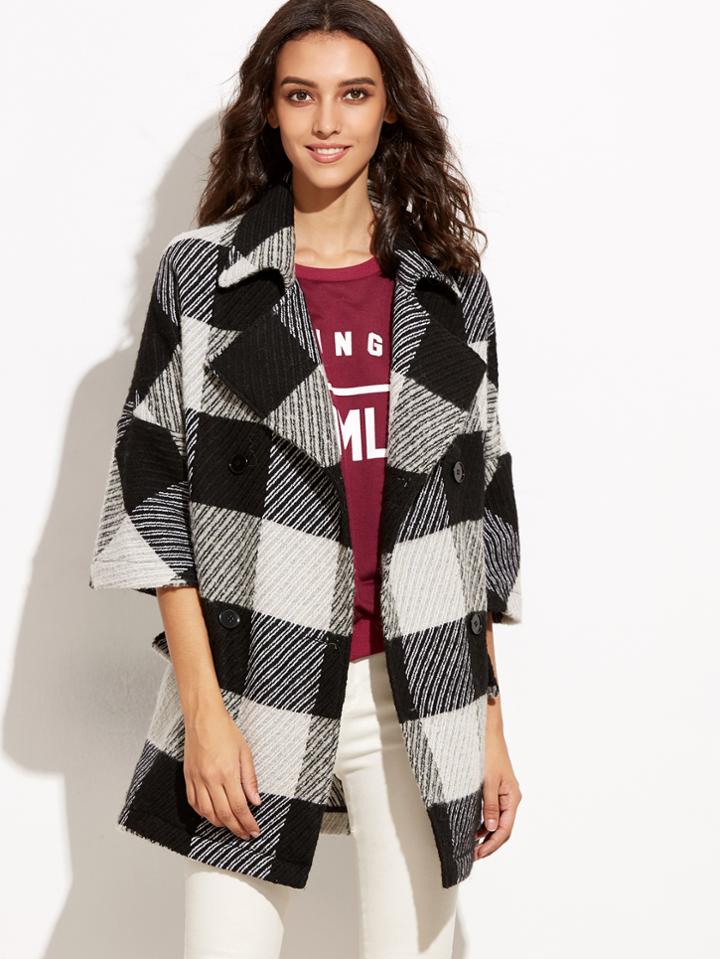 Romwe Black And White Checkered 3/4 Sleeve Double Breasted Coat