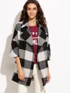 Romwe Black And White Checkered 3/4 Sleeve Double Breasted Coat