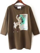 Romwe With Sequined Deer Pattern Loose Coffee Sweatshirt