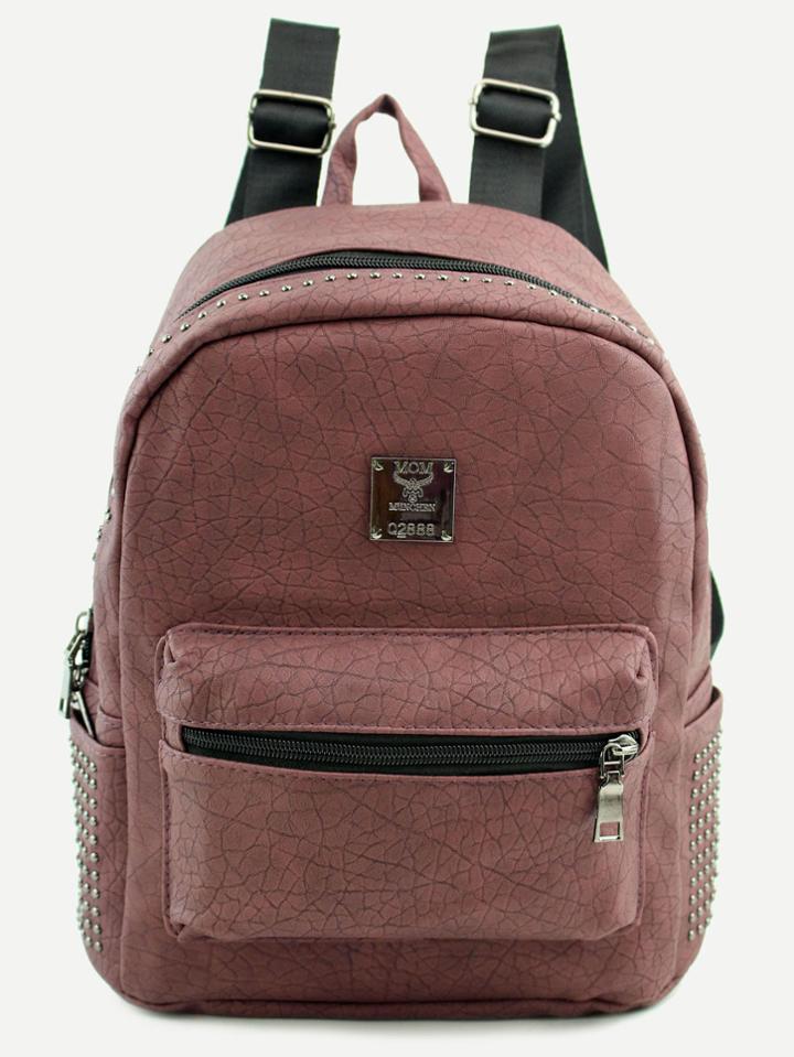 Romwe Blush Pu Logo Patch Front Pocket Studded Backpack