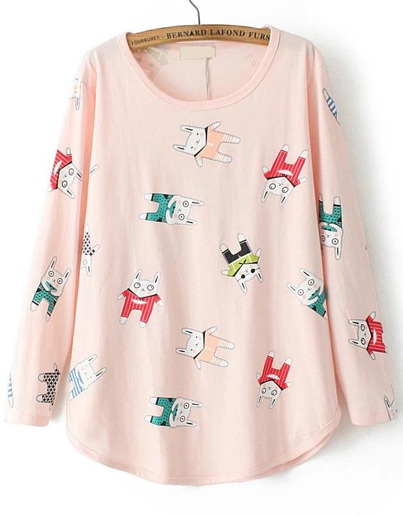 Romwe Rabbit Print Loose Pink T-shirt