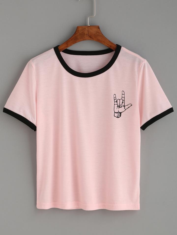 Romwe Pink Contrast Trim Love Gesture Print T-shirt
