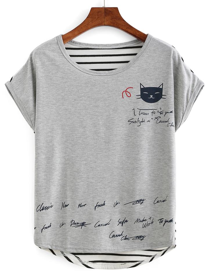 Romwe Cat Print Striped Back T-shirt - Grey