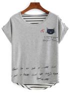 Romwe Cat Print Striped Back T-shirt - Grey
