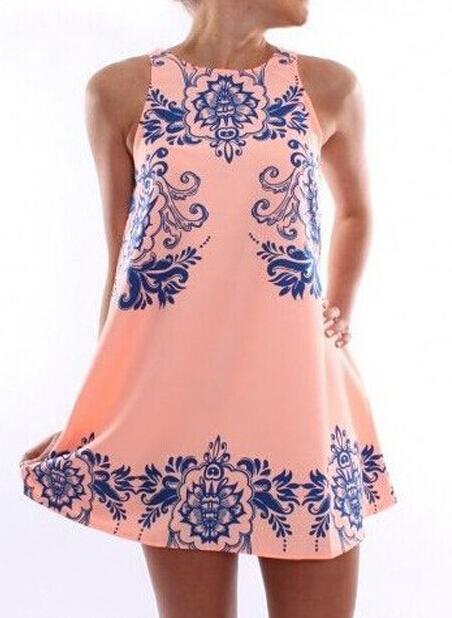 Romwe Round Neck Sleeveless Floral Slim Dress