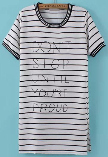 Romwe Letter Print Striped Shift White Dress