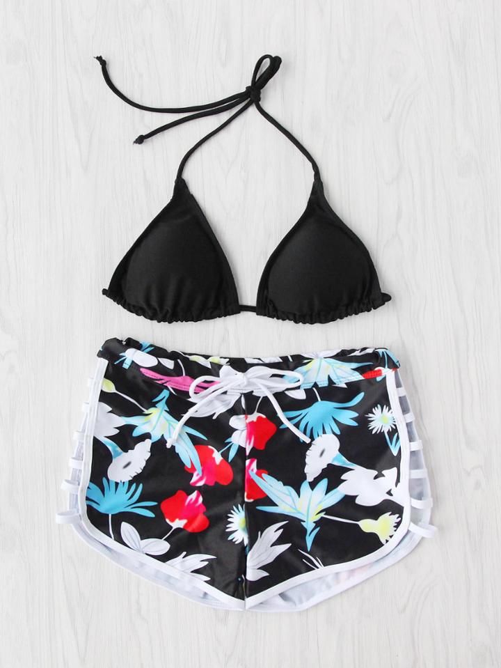 Romwe Calico Print Ladder Cutout Triangle Bikini Set