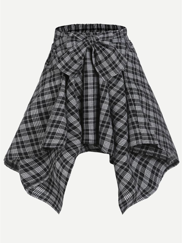 Romwe Plaid Print Asymmetric Hem Bow Waist Skirt