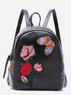 Romwe Black Butterfly And Rose Embroidered Pu Backpack