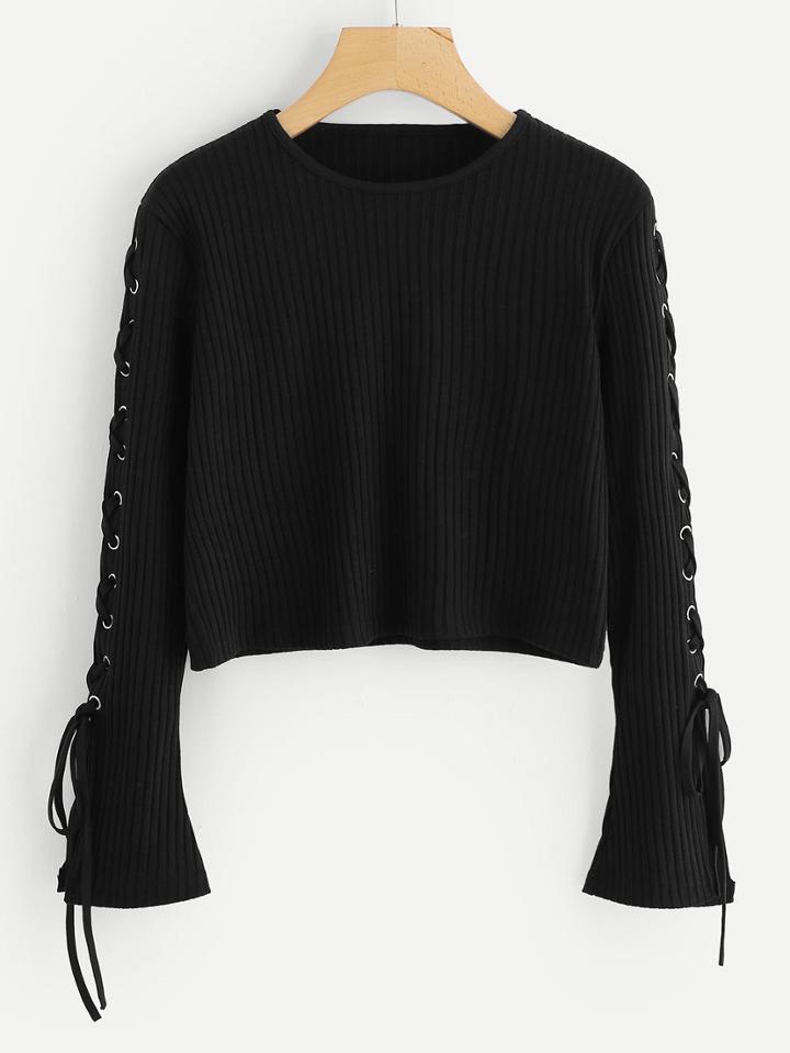 Romwe Lace Up Ribbed Crop Sweater