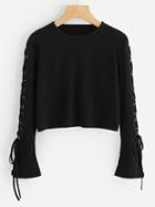 Romwe Lace Up Ribbed Crop Sweater
