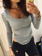 Romwe Grey Round Neck Long Sleeve Crop T-shirt