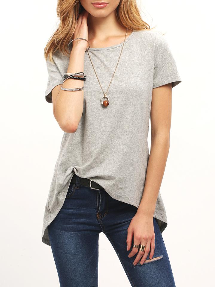 Romwe Grey Keyhole Back Slit Back T-shirt