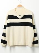Romwe V Neck Striped Loose Black Sweater