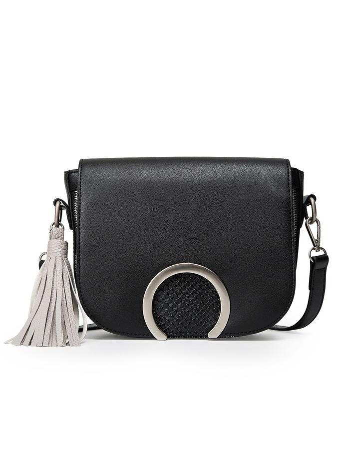 Romwe Ring Flap Crocodile Emobossed Tassel Bag - Black