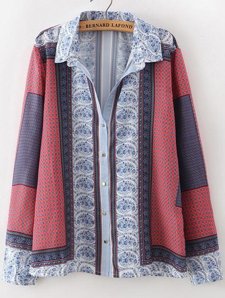 Romwe Red Lapel Long Sleeve Vintage Floral Blouse