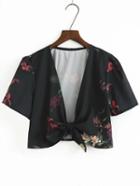 Romwe Black Flower Print Knot Front Crop Top