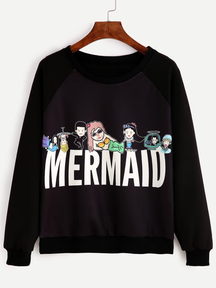 Romwe Black Cartoon Print Sweatshirt