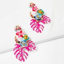 Romwe Tropical Leaves & Sequin Flower Drop Earrings