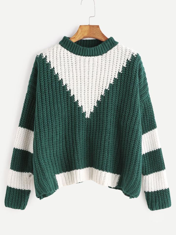 Romwe Green Contrast Dropped Shoulder Seam Sweater
