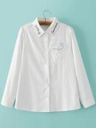 Romwe White Lapel Embroidery Pocket Blouse