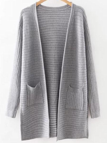 Romwe Grey Collarless Ribbed Split Side Pocket Long Cardigan