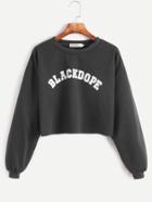 Romwe Black Letter Print Drop Shoulder Crop Sweatshirt