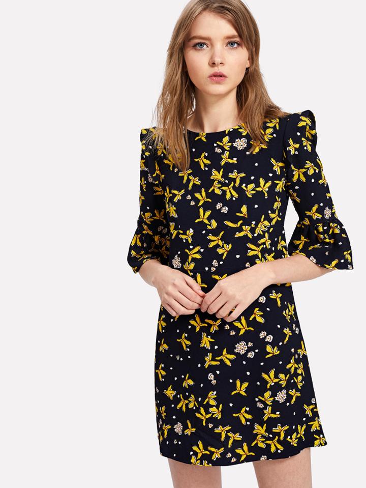 Romwe Flounce Sleeve Calico Print Dress