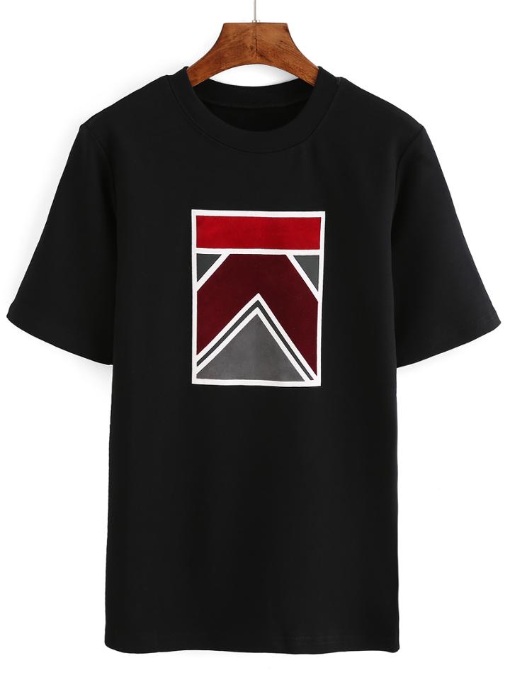 Romwe Geometric Print Black T-shirt