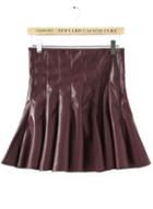 Romwe Wine Red High Waist Pu Leather Pleated Skirt