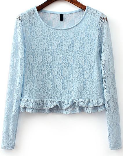 Romwe Lace Flouncing Crop Blue Blouse