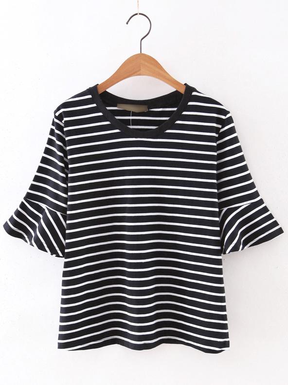 Romwe Black Ruffle Cuff Stripe T-shirt