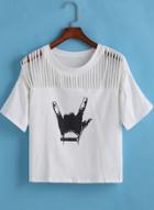 Romwe Hand Print Ripped White T-shirt