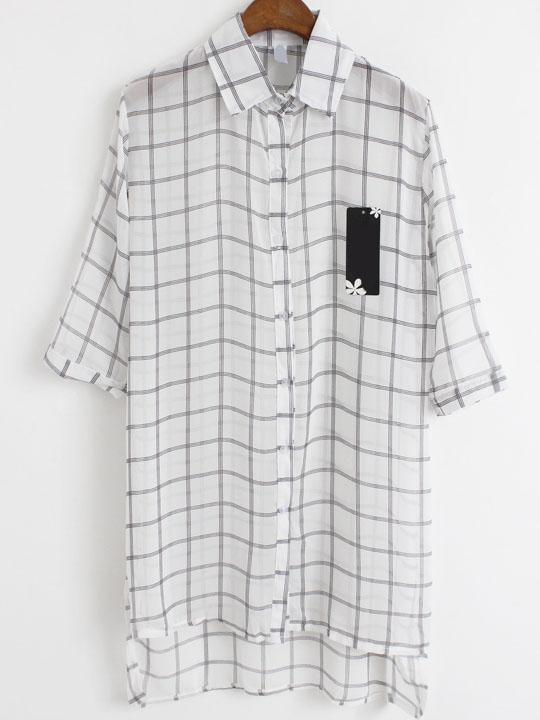 Romwe Lapel Dip Hem Plaid Split Chiffon White Blouse