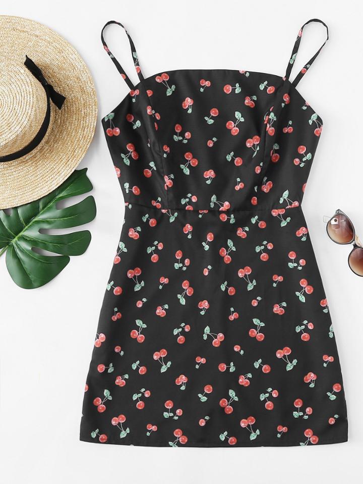Romwe Cherry Print Spaghetti Strap Dress