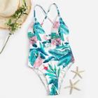 Romwe Random Lace-up Back Tropical One Piece Swimsuit