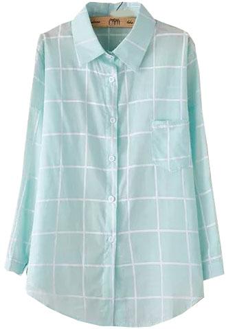 Romwe Lapel With Buttons Plaid Blue Blouse