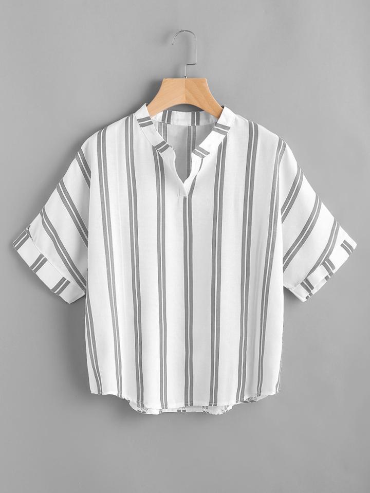 Romwe Stand Collar Stripe Print Blouse