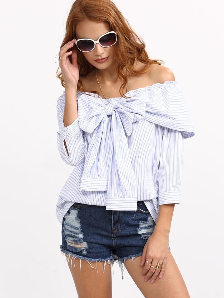 Romwe Blue Striped Bow Off The Shoulder Blouse