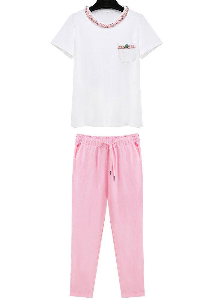 Romwe Contrast Collar Short Sleeve Top With Drawstring Pant
