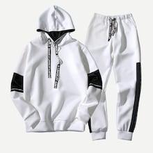 Romwe Men Contrast Panel Letter Print Hooded Sweatshirt With Drawstring Pants