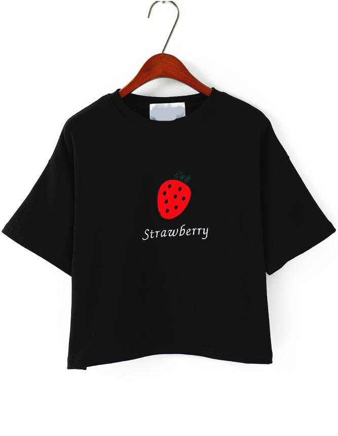 Romwe Strawberry Embroidered Loose Black T-shirt