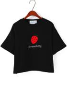 Romwe Strawberry Embroidered Loose Black T-shirt