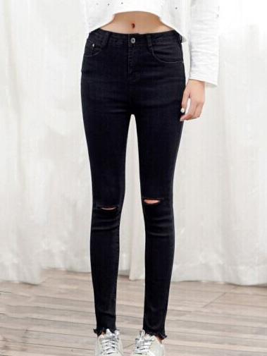 Romwe Cut Out Denim Black Pant