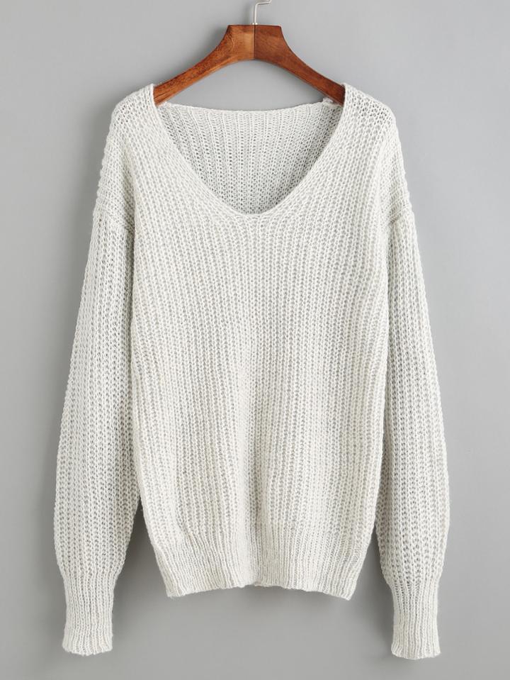 Romwe Light Grey V Neck Drop Shoulder Sweater