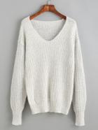 Romwe Light Grey V Neck Drop Shoulder Sweater