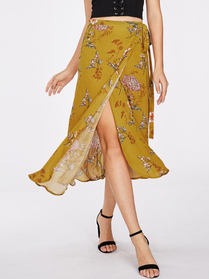 Romwe Floral Print Surplice Self Tie Waist Skirt