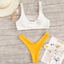 Romwe Two Tone Ribbed Top With High Leg Bikini Set